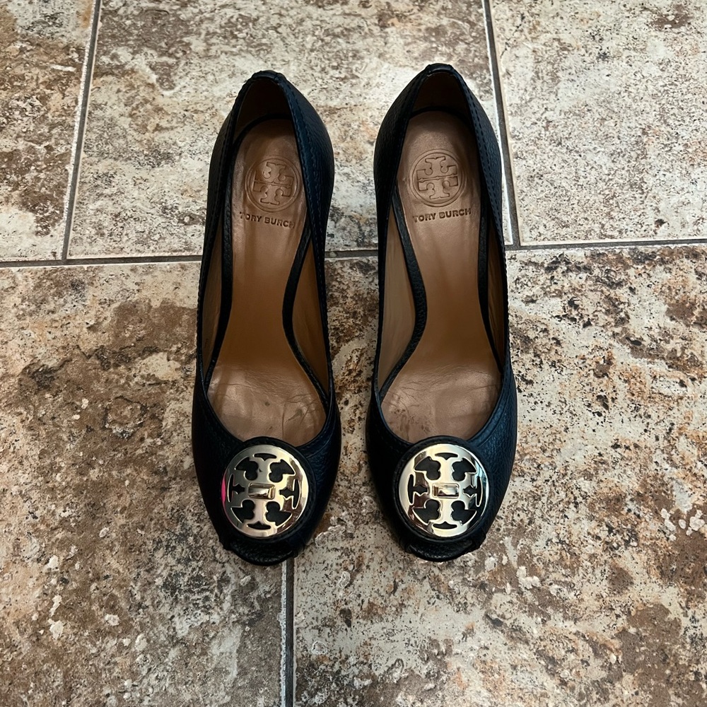 Tory Burch Black Leather Selma Open Toe Wedge